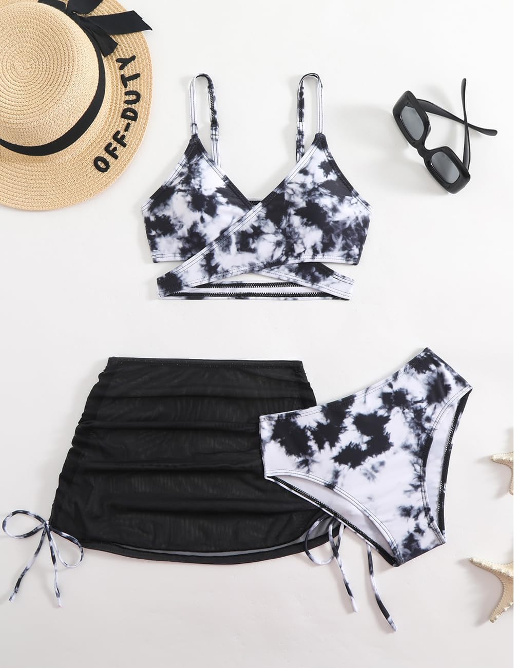 KORADI Girls Swimsuit 3 Pieces V-Neck Bikini Set Printed Cross Front Bathing Suit Drawstring Cover Up Skirt 8-12 Years