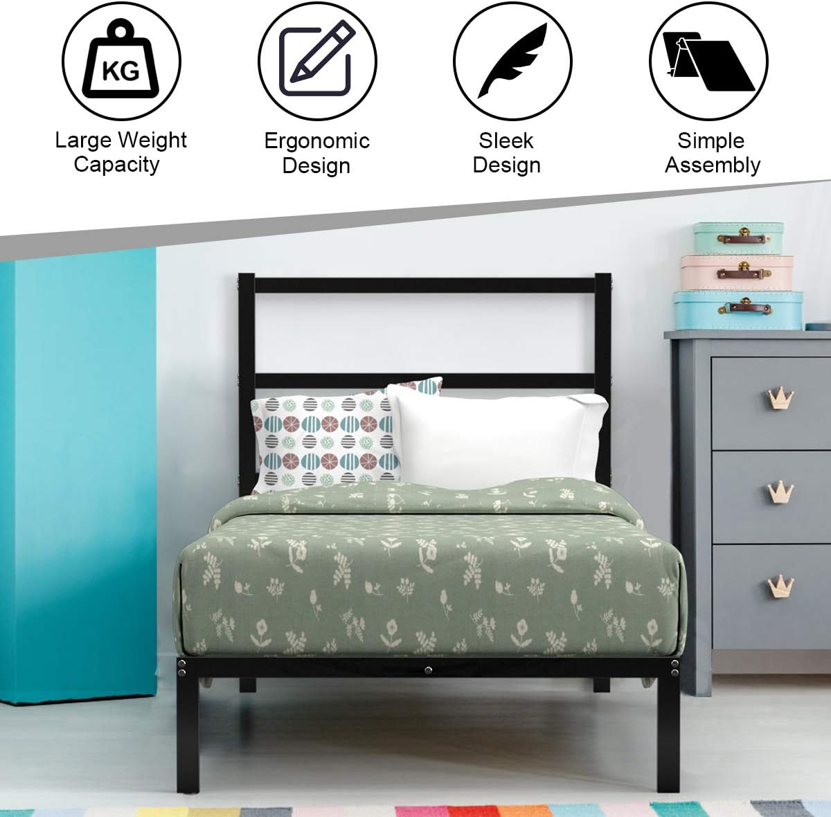 KOTEK Metal Bed Frame with Headboard, Twin Size Platform Bed Frame Mattress Foundation, No Box Spring Needed, Wood Slat Support (Twin)