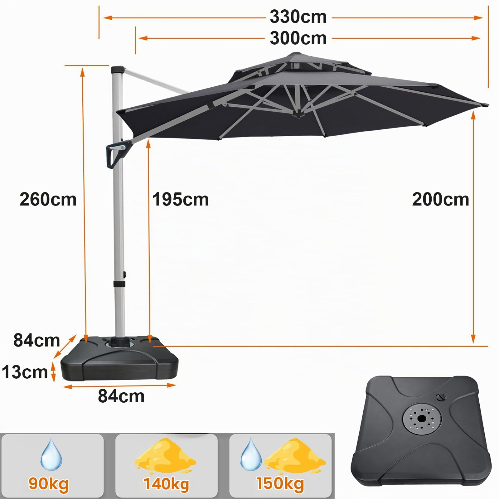 RANSENERS Ampelschirm 300 cm mit Schirmständer, Doppelter Baldachin, Drehbar 360°, Neigbar 0°-90°, Aluminium Rahmen, Extra-Dicker Gewebe, UV50+, für Garten, Terrasse, Cafe im Freien (Grau)