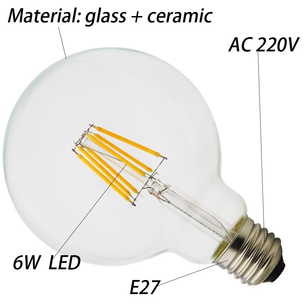 E27 G95 LED Edison Bombillas, bombillas de bajo consumo, respetuoso con el medio ambiente 6W AC220 V, ultra delgado cristal, cristal transparente con alta transmisión,12 pieza