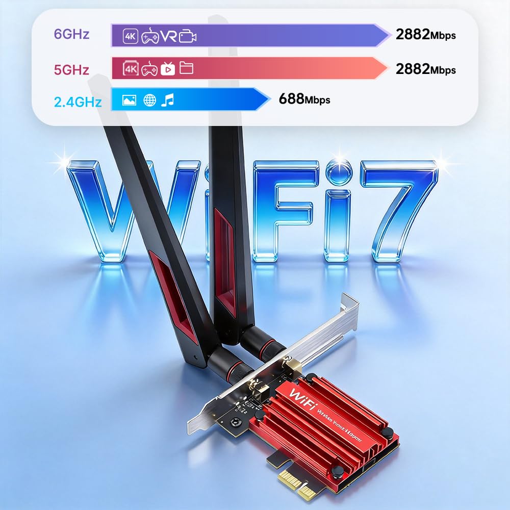 Carte sans fil WiFi 7 PCIe, Tri-Band 802.11be BE5400 MT7925, Bluetooth 5.4, Windows 10/11 WPA3, faible latence haute vitesse pour PC de jeu de bureau