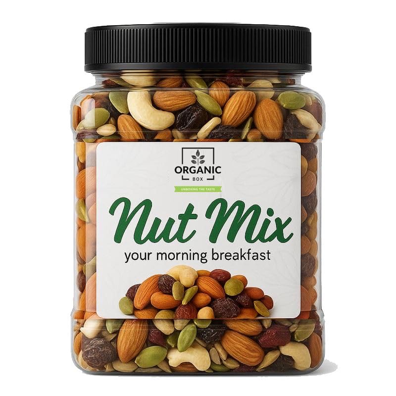 Image of Organic Box Healthy Nutmix 250gm, Dried Almonds, Black Raisins, Cashewnuts, Black Dates & Many More. (Jar Pack)