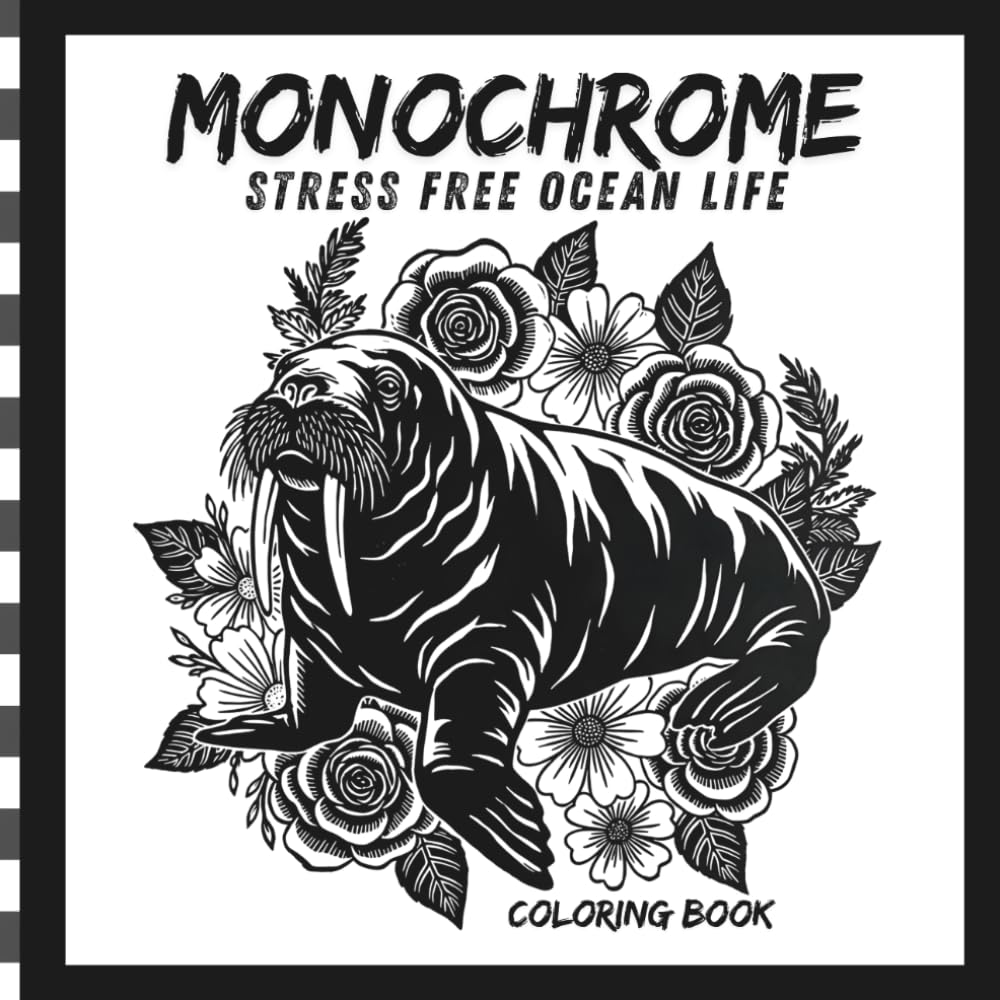 Monochrome Stress Free Ocean Life Coloring Book for Adults: 50 easy monochrome color for adults | mindiful cozy adult coloring | serene ocean animals ... animals | one-color gift for sterss relief
