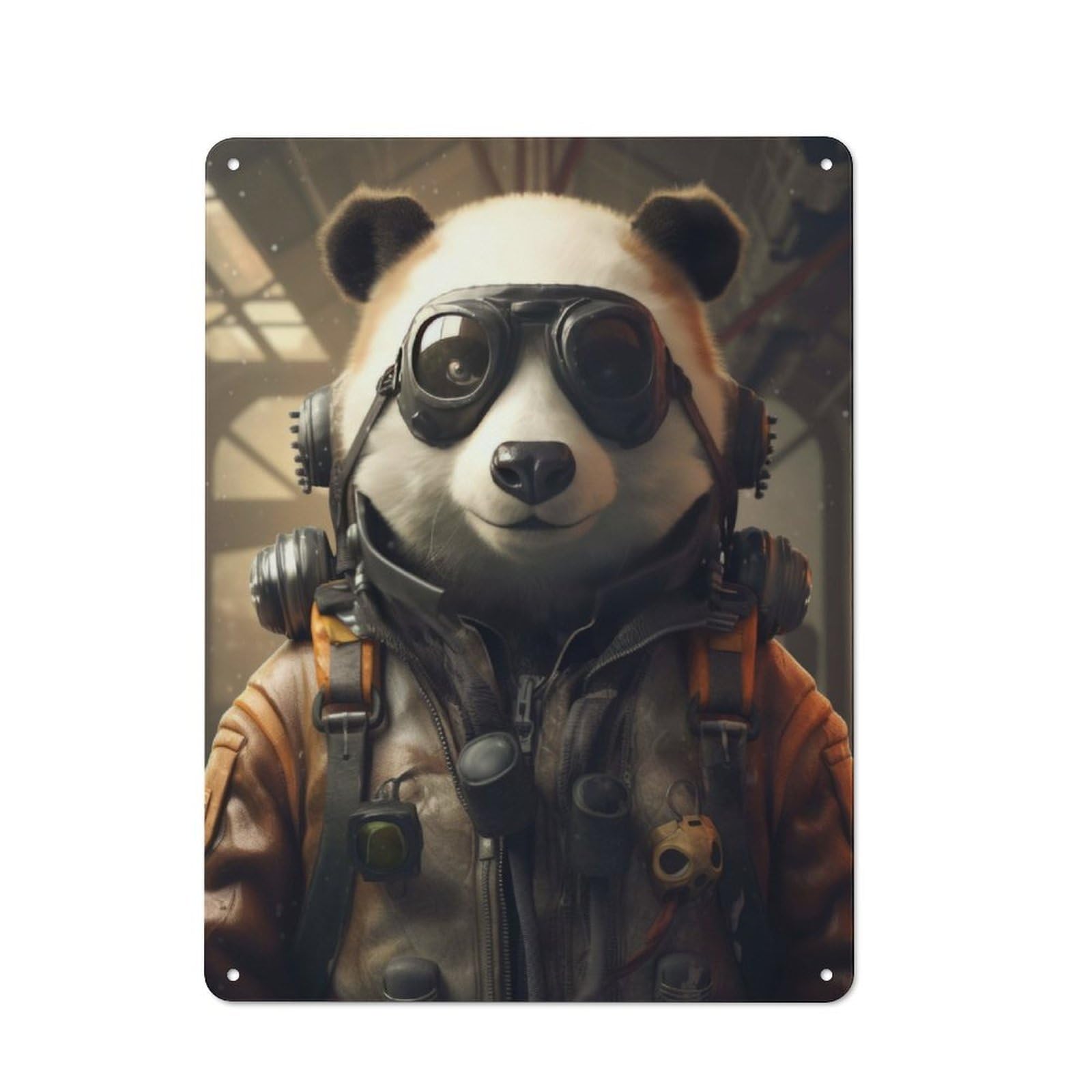 Junmoney Panda As A Pilot Metal Plaque 40X30cm With For Workshop Wall, Retro Decor, For Garage, Workshop And Man Cave Decoration