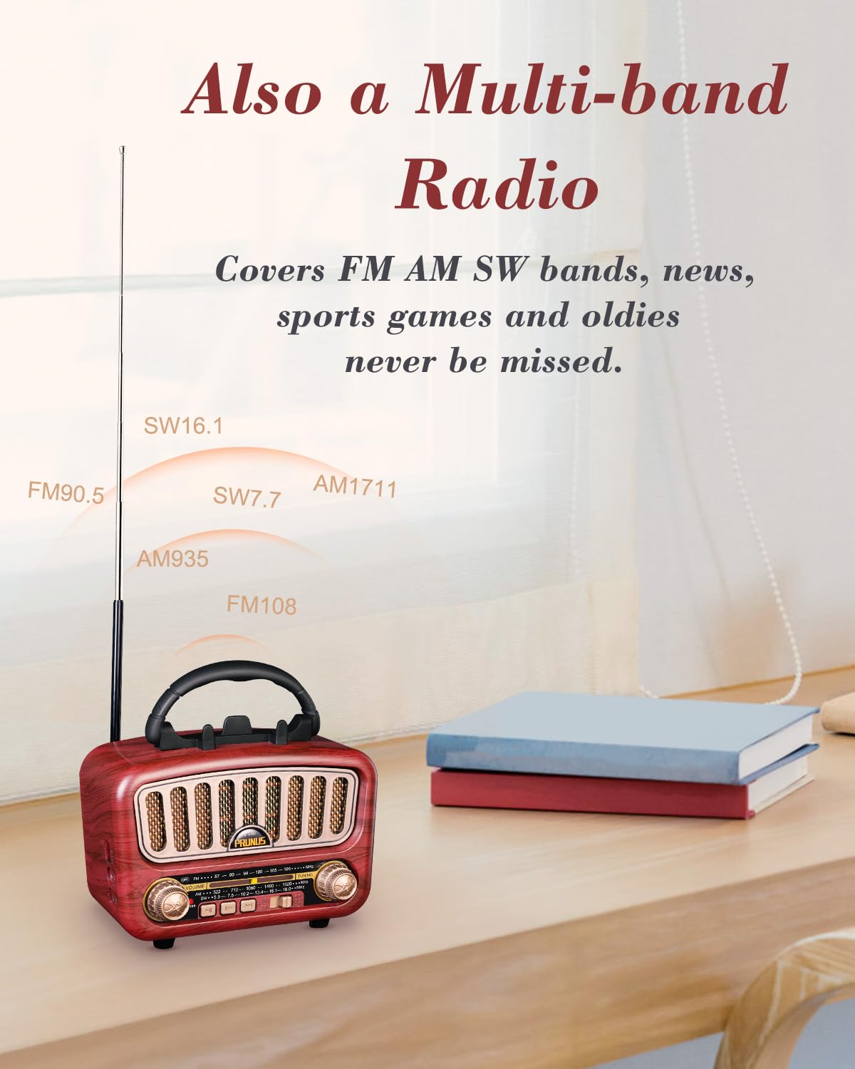 Poste Radio Vintage Rétro, PRUNUS J-180 AM/SW/FM Radio Portable Rechargeable avec Batterie 1800mAh, Bluetooth 5.0, Grand Haut-Parleur 5W, Fonction USB/TF/AUX
