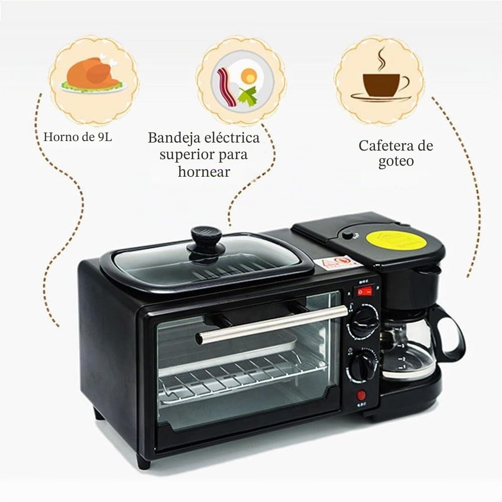 Estación for hacer desayuno 3 en 1, máquina de desayuno multifunción con horno eléctrico tostador de 9 litros, cafetera de 600 ml, sartén antiadherente, sandwichera de huevo, control de temperatura (