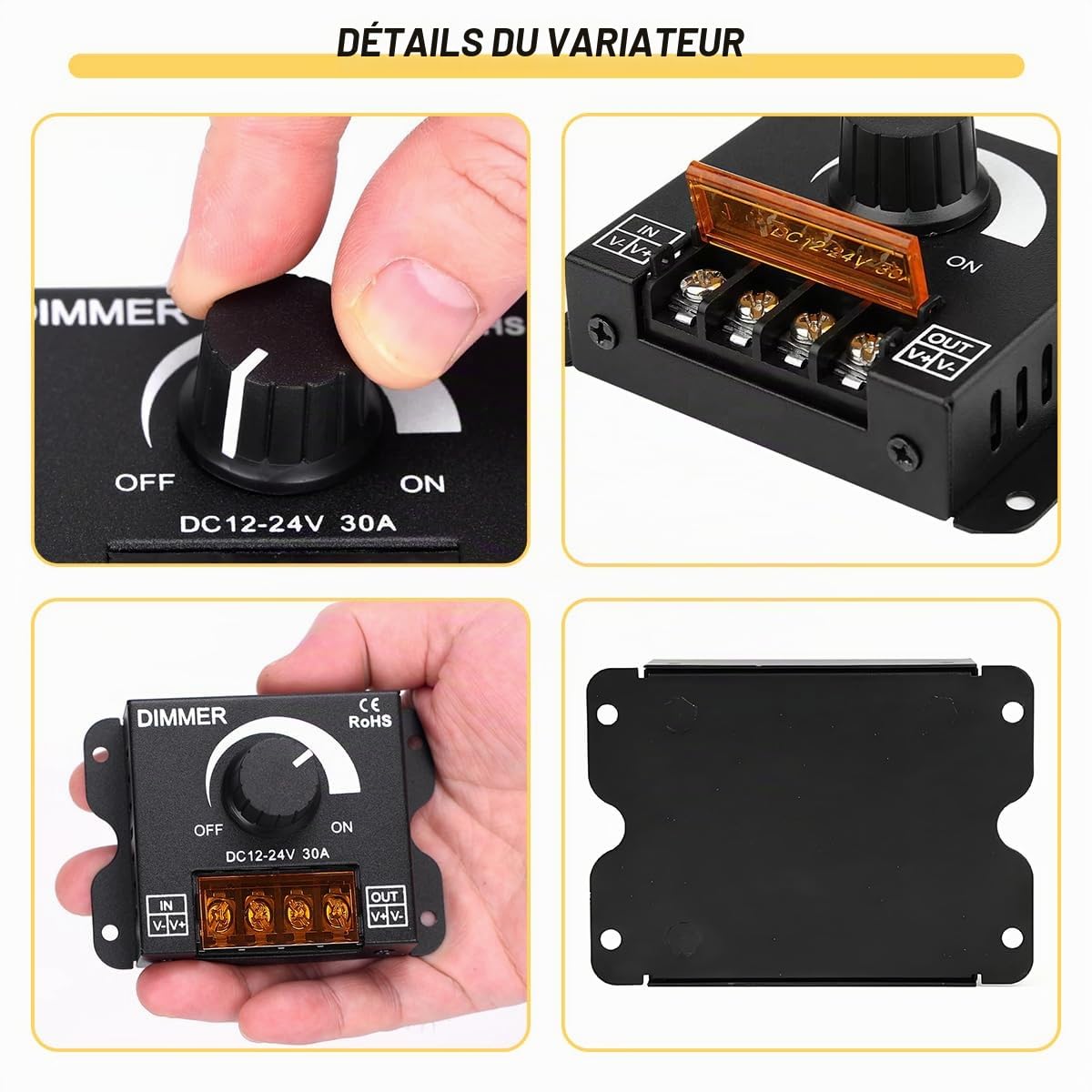 Commutateur variateur LED PWM 12 V-24 V CC 30 A, commutateur Marche/arrêt avec Gradation à fréquence réglable pour Bande LED Monochrome, boîtier en Fer galvanisé