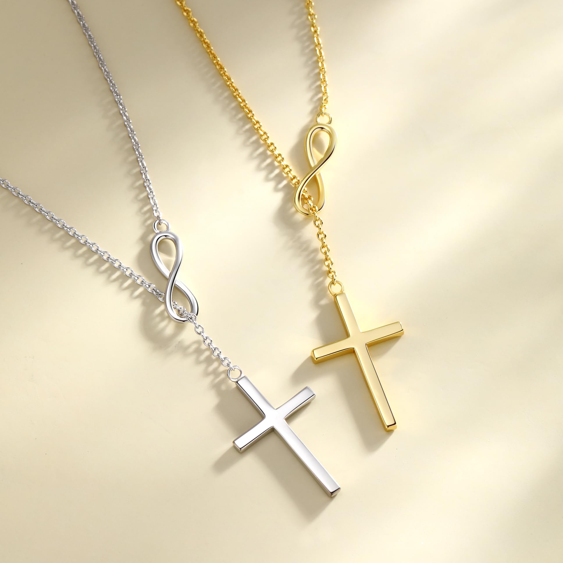 FANCIME - Collar con colgante en forma de cruz de infinito chapado en oro de plata de ley 925 altamente pulida para mujeres y niñas, 45,7 cm