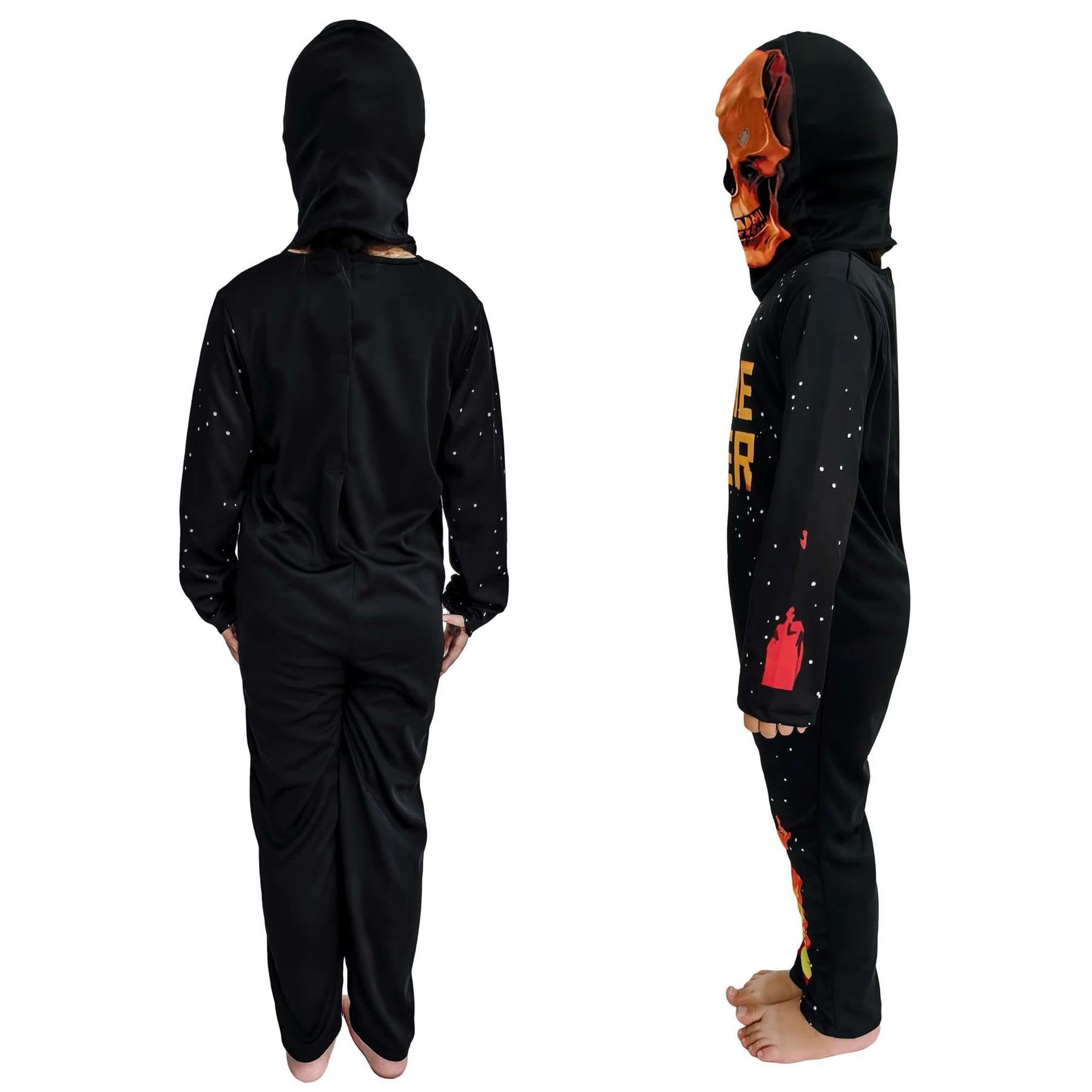 A2Z 4 Kids Kostium szkieletu dla chłopców i dziewcząt, kostium na Halloween, fantazyjna sukienka z czaszką, maska z kapturem, upiorny gracz, cosplay, kombinezon na imprezy typu cukierek albo psikus
