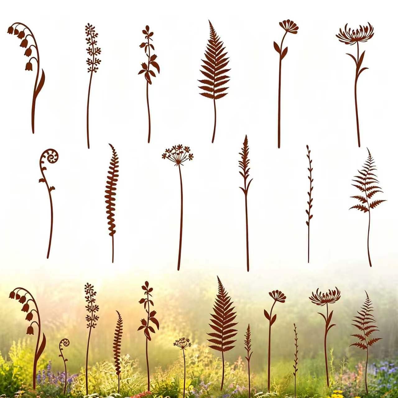 Mitterm 12 Pcs Rustic Metal Flowers for Garden, Weatherproof Iron Flower Garden Stakes with Stems, Rusty Outdoor Yard Ornaments for Patio, Flower Beds, Borders, Plant Pots & Fence Hanging Decor