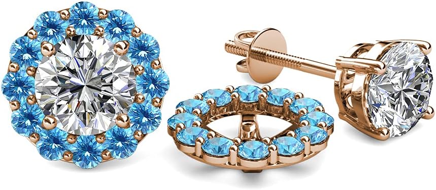 Blue Topaz Halo Jacket for Stud Earrings 0.84 ctw 14K Rose Gold