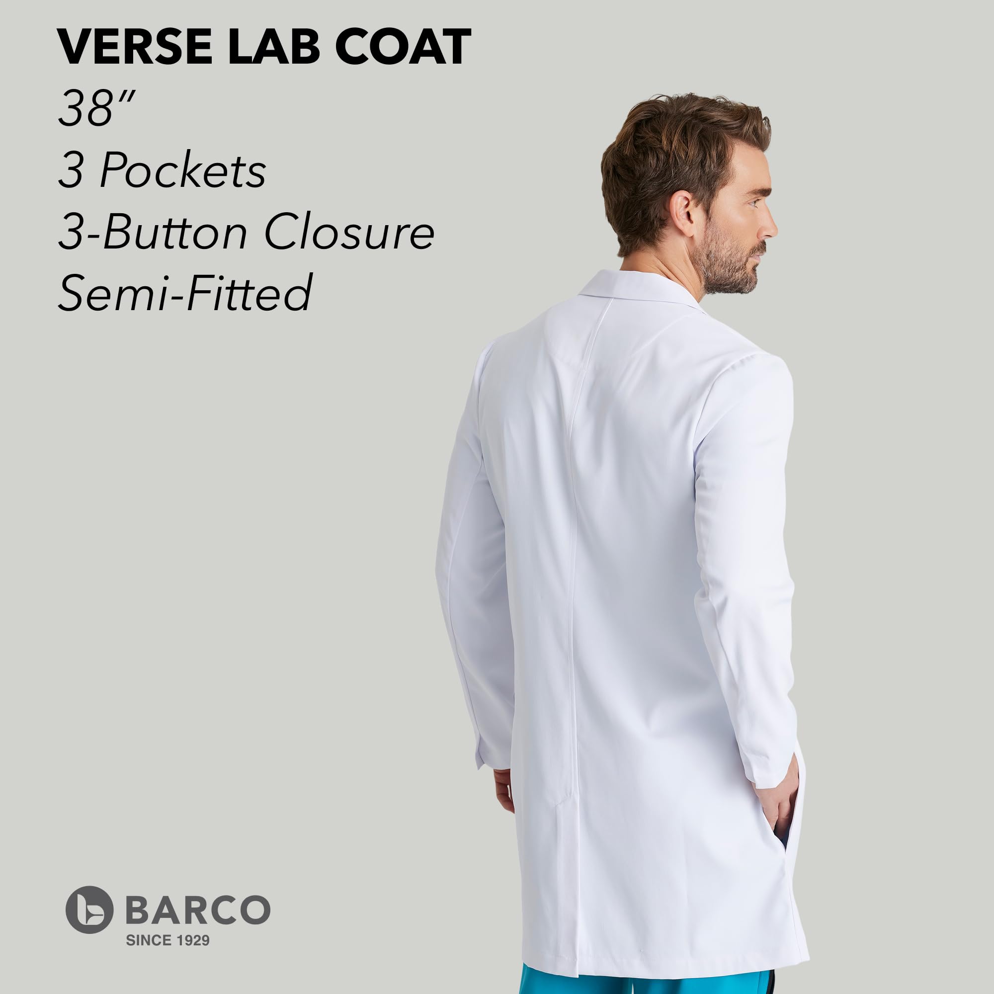 BARCO Verse - Abrigo de laboratorio para hombre, profesional, 3 bolsillos, cierre de 3 botones, manga larga, 96,5 cm
