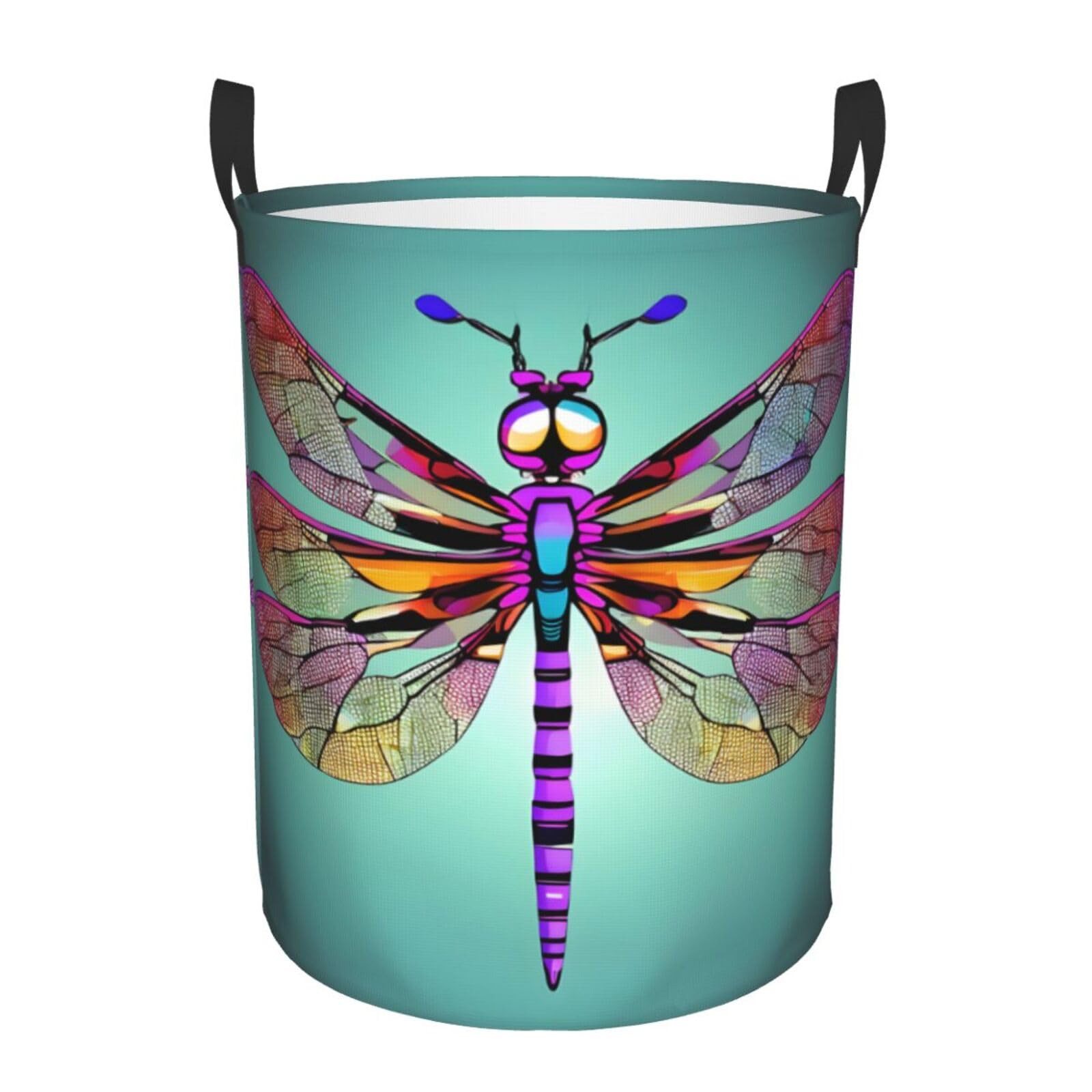 M Collapsible Laundry Hamper Round Cute Dragonfly pattern Print Storage