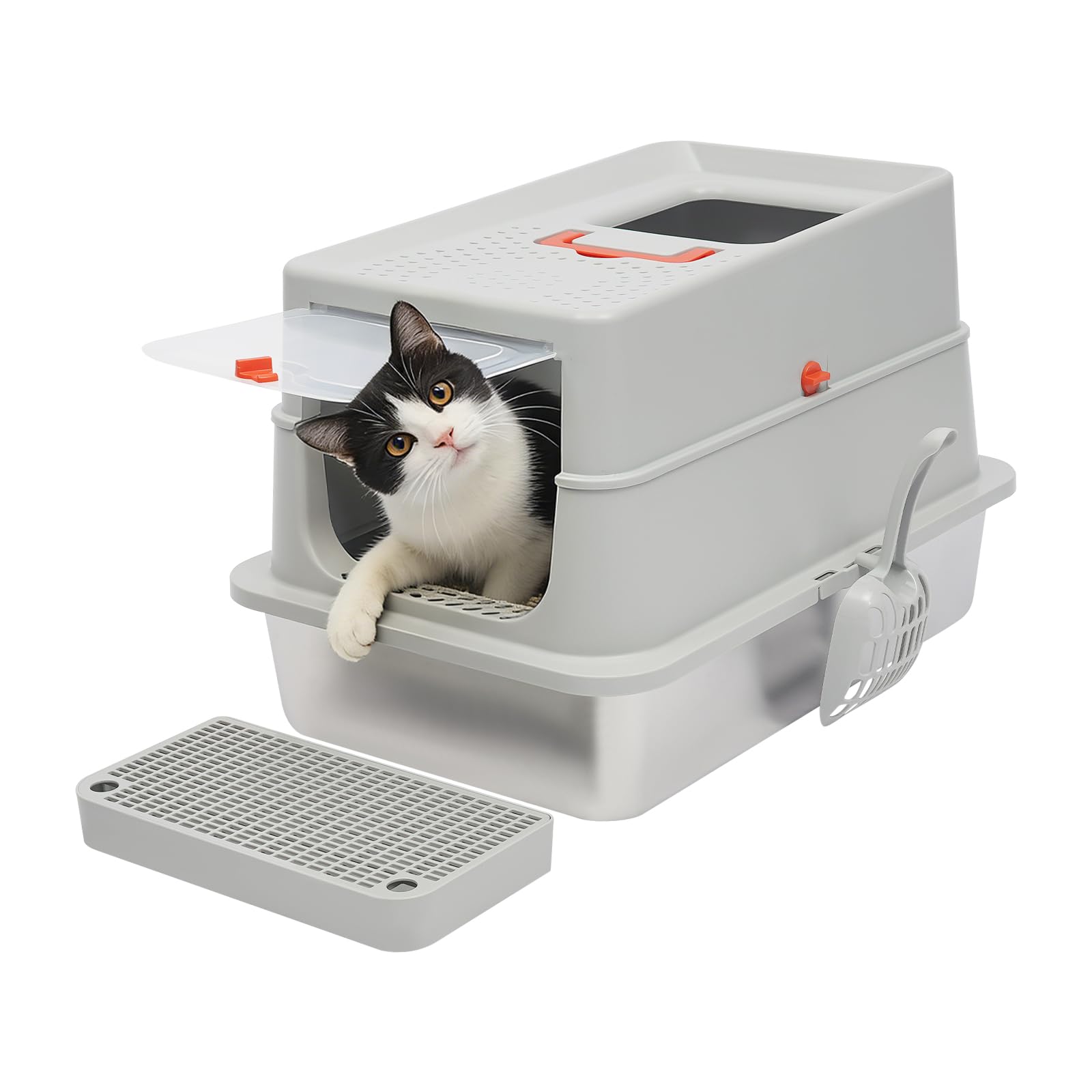 Lettiera da viaggio per gatti con coperchio, design 2 in 1 | Lettiera per gatti in acciaio inox con manico portatile, pedale paraspruzzi e paletta, lettiera portatile per gatti di grandi