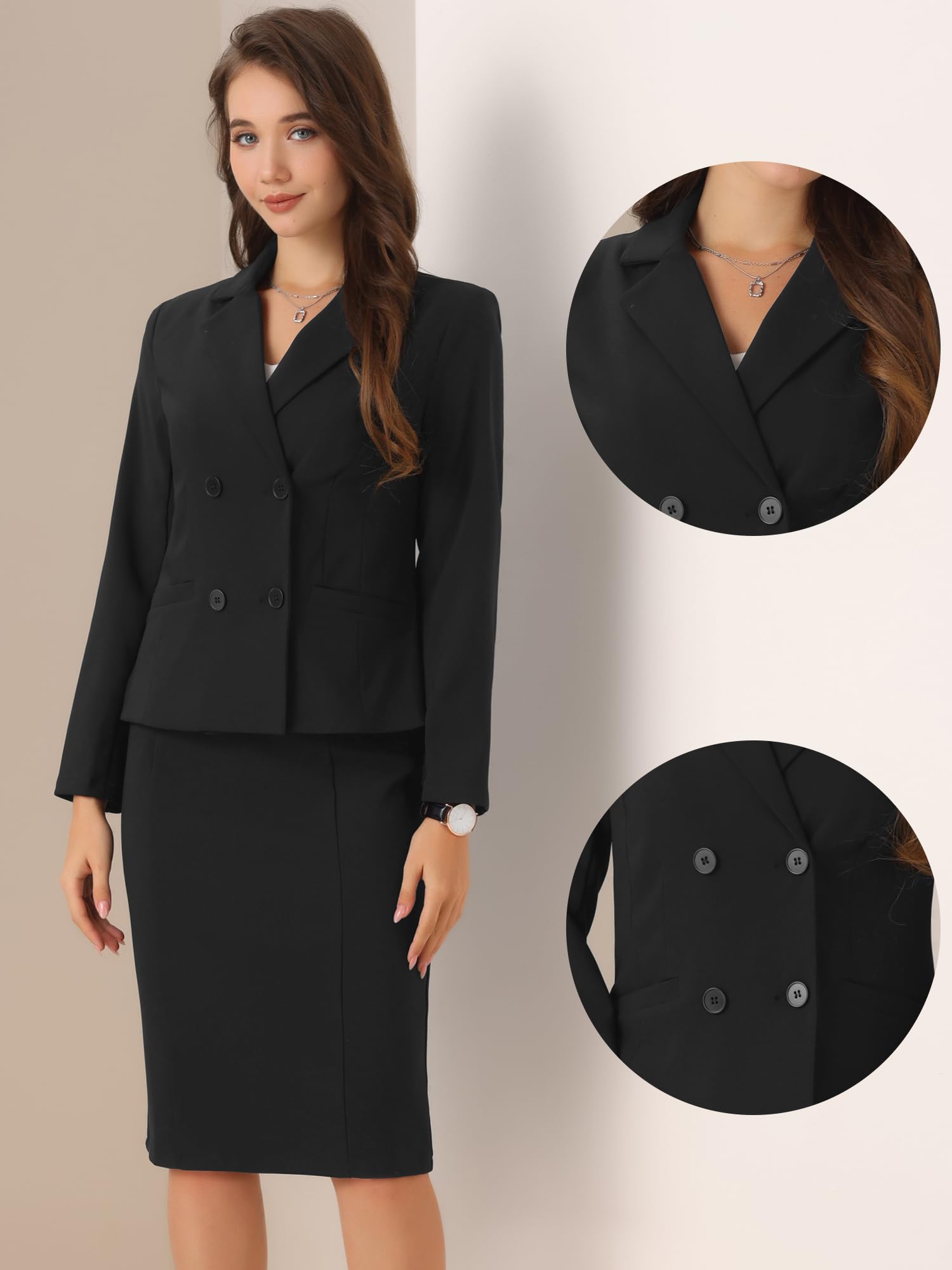 Allegra K Costume d'affaires 2 Pièces Femmes Tenues de Bureau à Manches Longues Uniformes Ensemble Formelle Veste Blazer et Jupe Crayon Tailleurs-Jupes Élégant