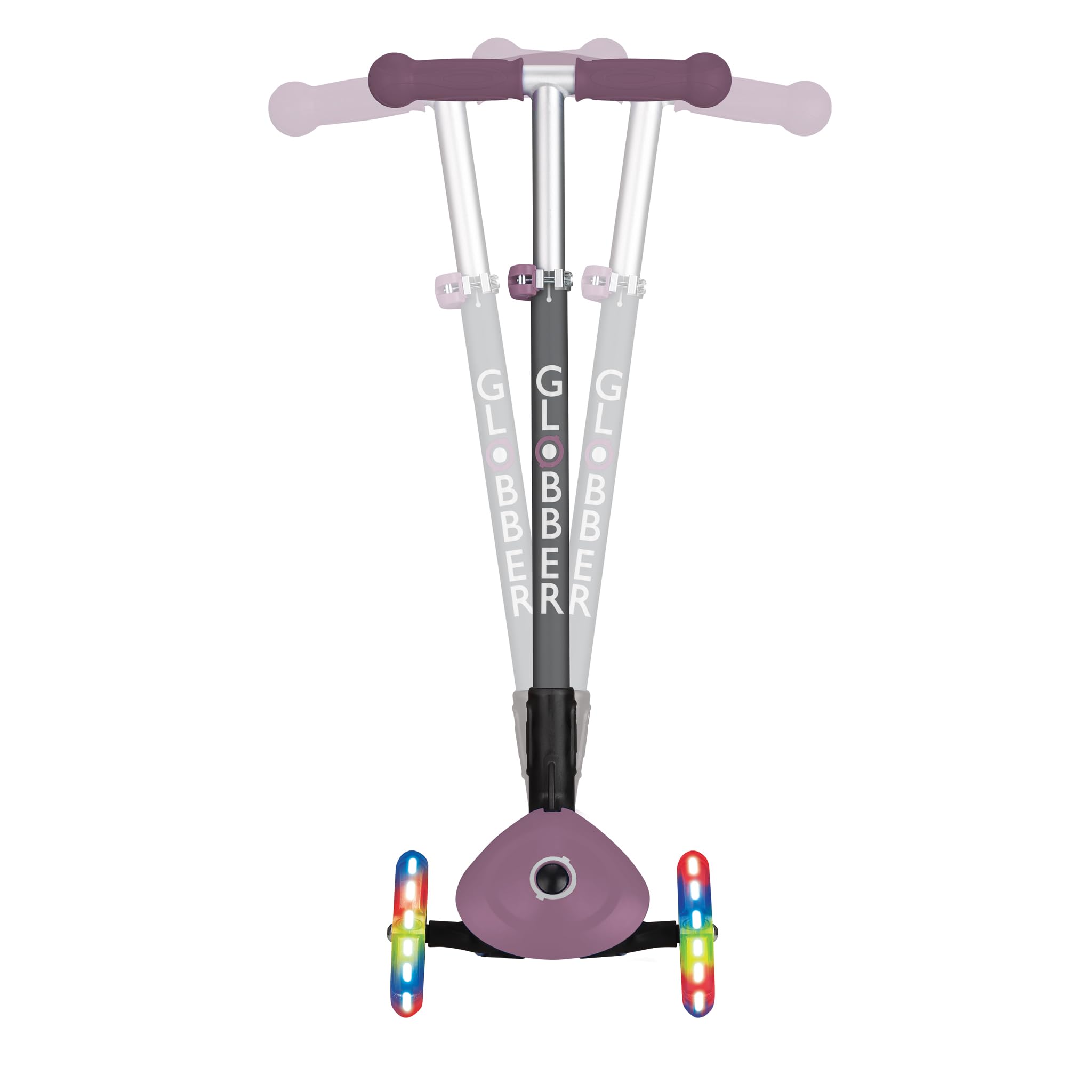 GLOBBER Primo Foldable Lights - Patinete infantil 120/80 mm, ABEC 5, 3 ruedas, altura regulable, ruedas LED, color morado