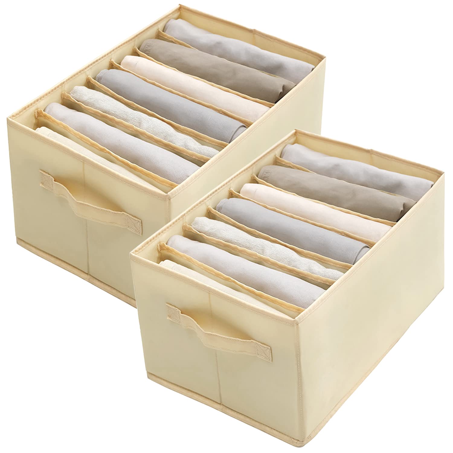 Wardrobe Clothes Organizer with Support Board,Foldable Drawer Organizers for Clothing, Clothes Organizer for Folded Clothes, Drawer Dividers for Clothes,Pants,Large Size,2 Pack,7 Grids (Beige)