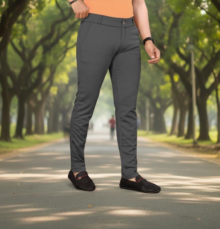 Image of Men's Classic Track Pants, Slim Fit, Lycra Blend Stretchable Business Casual Dress Pants, 4 Pockets, Button and Zipper Closure