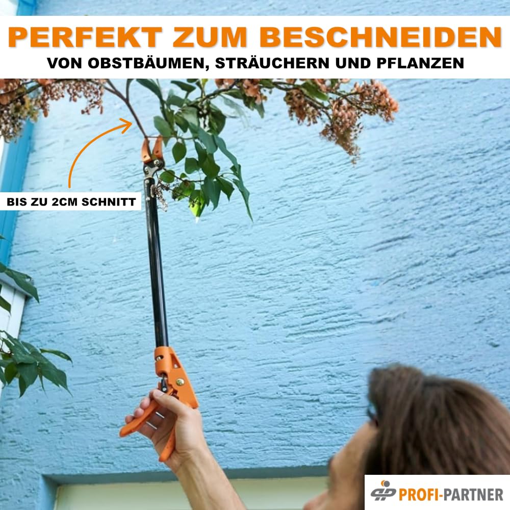 Langstiel Gartenschere, Astschere mit drehbarem Griff und Haltefunktion, Baumschere mit Titanium-Klinge, 65 cm lang
