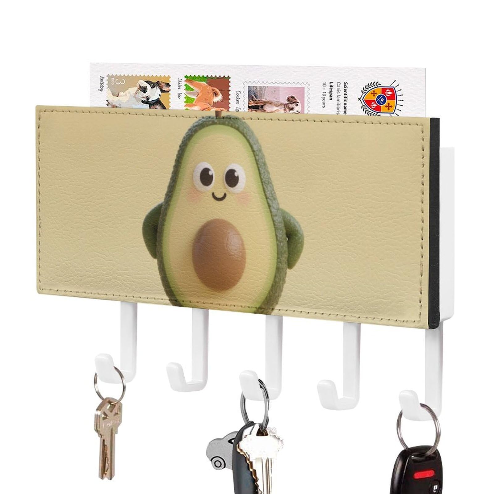 DWVTSLH Cute Avocado Key Holder for Wall, Decorative Key Hooks with Mail Organizer & 5 Hooks, Self Adhesive Leather Key Hanger for Entryway, Wall Mounted Key Rack (7.1” X 4.3” X 0.9”)