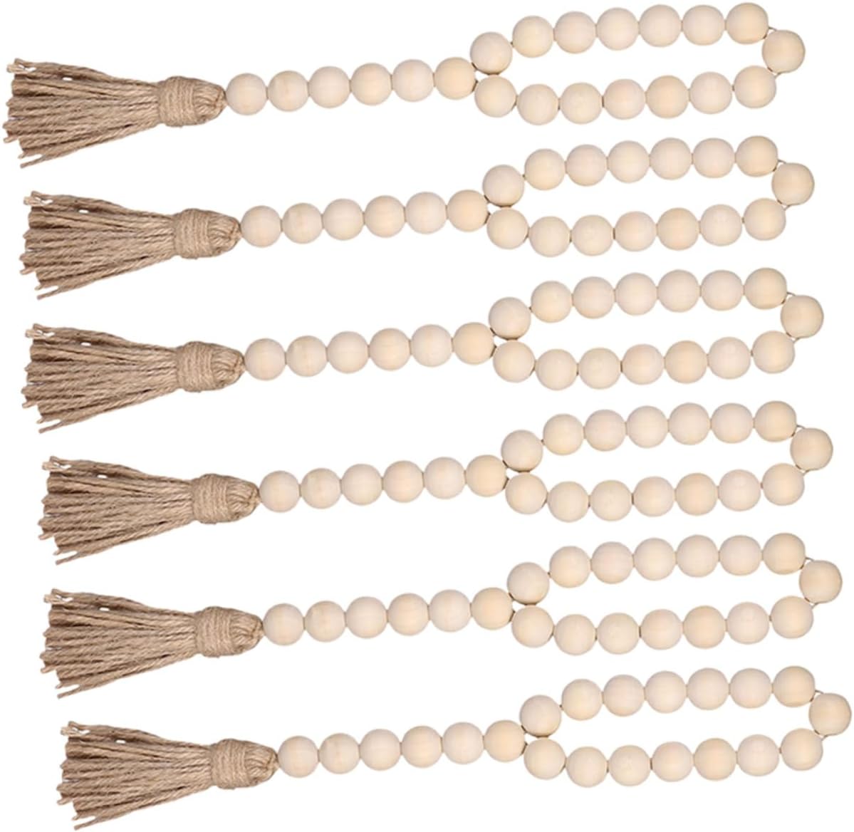 6pcs Rustic Wood Bead Garland Tassel Farmhouse Hanging Ornament for Home Decor Bohemian Style Wall Decoration for Celebrating Holidays and Festive Occasions