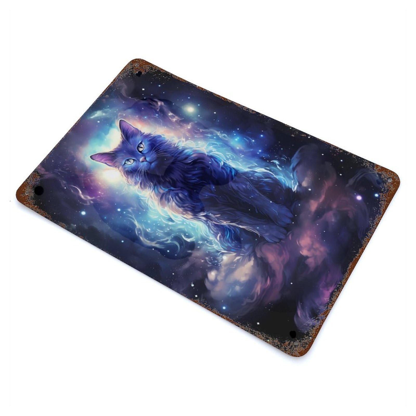 Garage Style Cosmic Space Cat Aged Metal Wall Plaque 11.8"x7.9", Farmhouse Wall Decor for Bar And Workshop