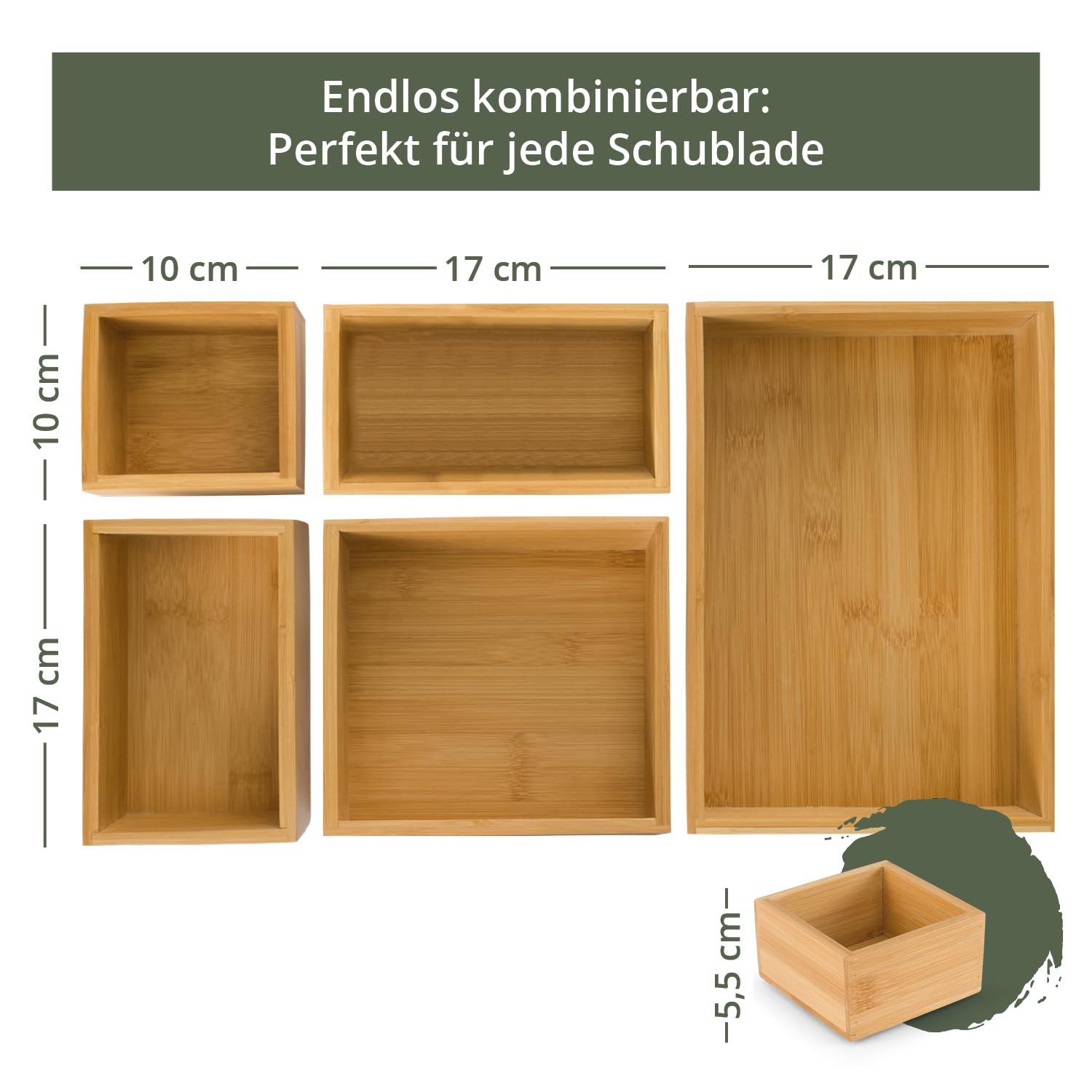 TAKE® 6-teiliges Schubladen Organizer aus 100% Natur Bambus - Boxen in vers. Größen für Küche, Bad & Büro, Schminktisch Organizer Bad, Drawer Organizer