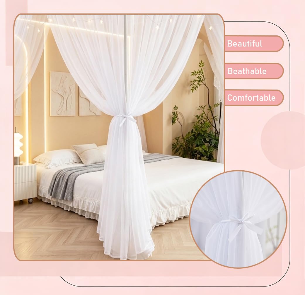 Akiky Set di tende da letto a baldacchino con stelle e tenda velata per letto king size, 8 pannelli per baldacchino (king size, bianco)
