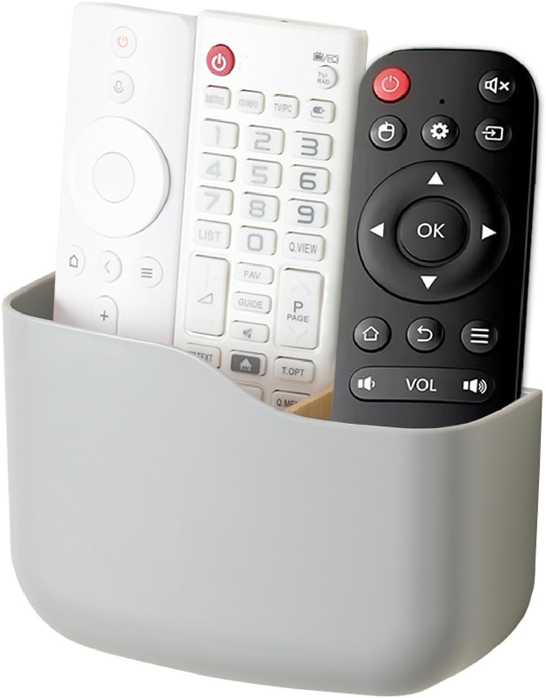 SUNFICON Adhesive Remote Control Holder Universal TV Remote Organizer Caddy Box Tray Wall Mount Media Player Controller Holder Hollow Bottom Slot Easy Phone Charging Home Office Desk Nightstand Gray