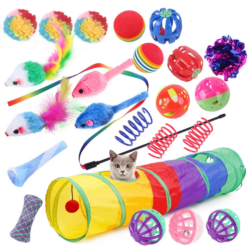 LSOAARRT 24 Pcs Cat Toys for Indoor Cats Collapsible Cat Tunnel Interactive Feather Teaser Wand Ball Toy for Kitten Cats (A)