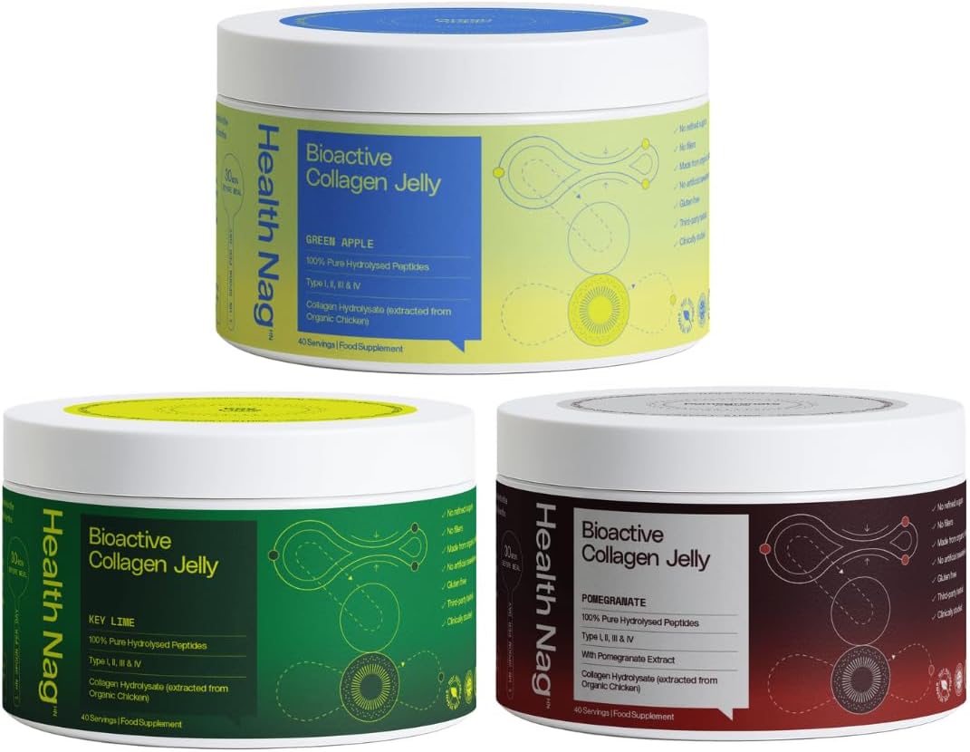 Bioactive Collagen Jelly - 400g, 100% Pure Hydrolysed Peptides of Type I, II, III & IV - Green Apple, Key Lime, Pomegranate - Pack of 3 (Delivered in a Chilled Van)