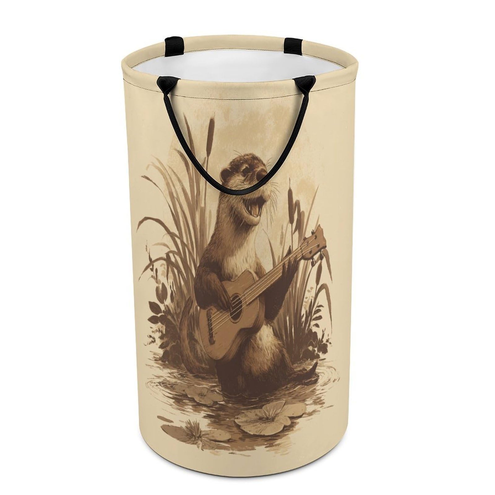 LUYYSKY Cute Abstract Otter Playing Guitar Versatile Storage Laundry Basket, Modern Realistic Music Theme Animal Otter Lotus Leaves Large Bathroom Laundry Hamper With Handle-40 CM Dia, 69 CM High