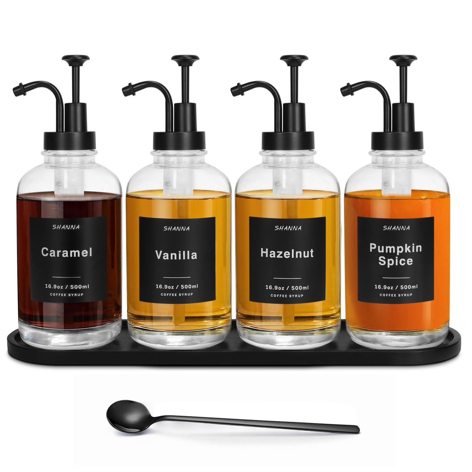 Coffee Syrup Dispenser for Coffee Bar, 16.9oz 500ml Glass Syrup Dispenser w Black Coffee Scoop, Coffee Syrup Pump Dispenser w 36 Labels and Bamboo