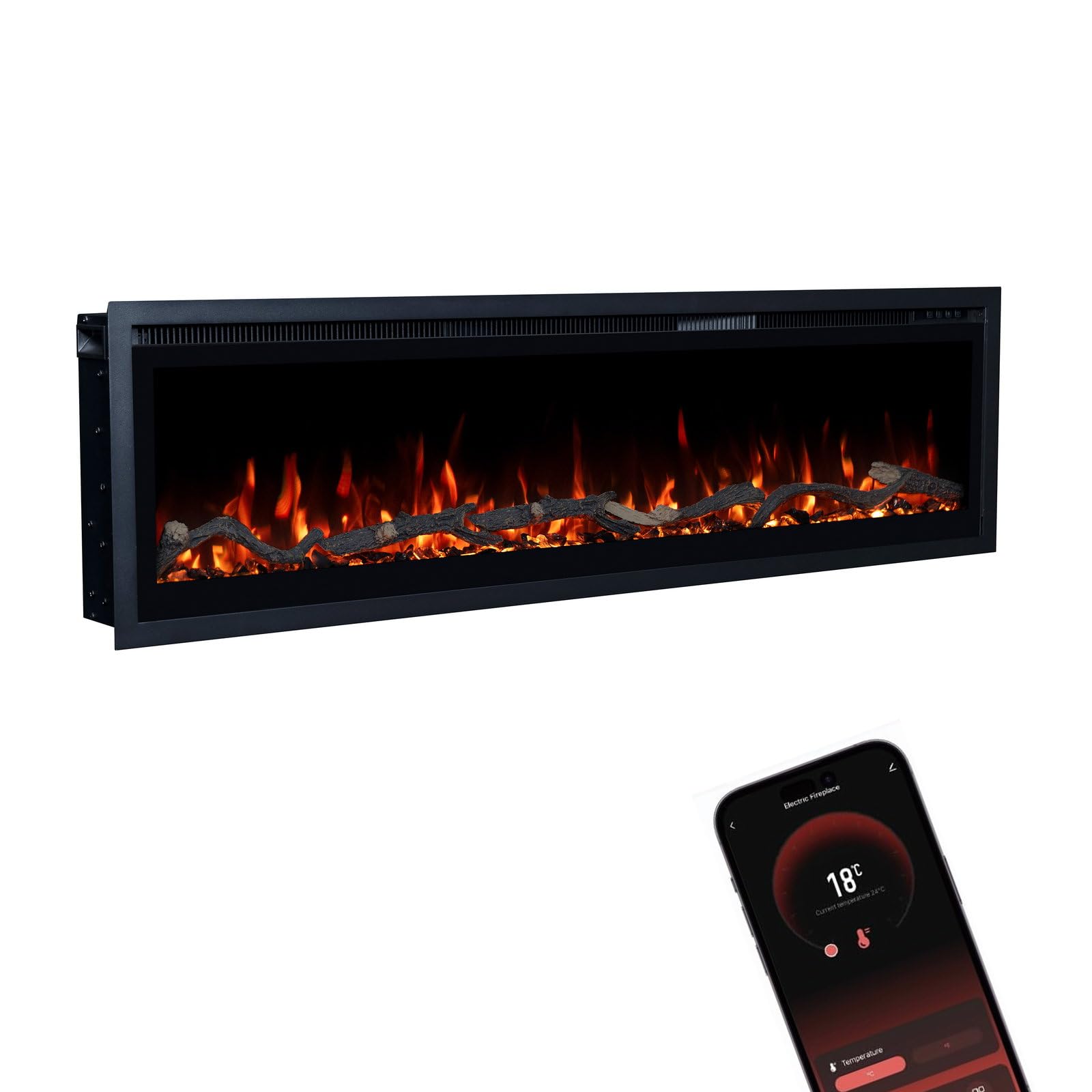GLOW FIRE Kominek elektryczny Core 127 z realistycznym ogniem LED 3D – ścienny kominek elektryczny z ogrzewaniem i ogniem, sterowanie za pomocą aplikacji, efekt trzaskania i timer, maks. 1800 W, 127 x