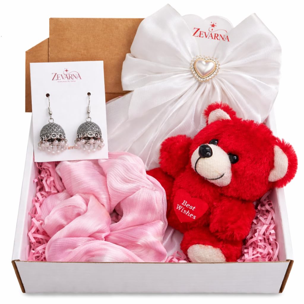 Zevarna Gift Hamper for Girls with Earrings, Scrunchie & Soft Toy
