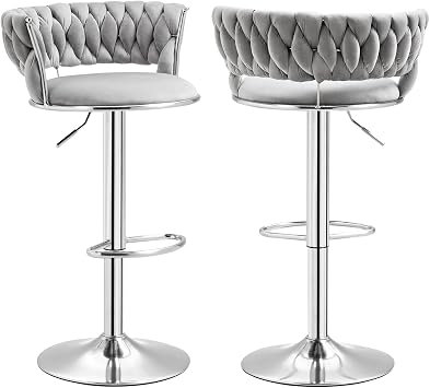 Grey Bar Stools Set of 2, Modern Adjustable Swivel Barstools, Luxury Velvet Counter Height Bar Stools Chair with Woven Back and Silver Legs for Kitchen Island, Cafe, Pub, Dining Room