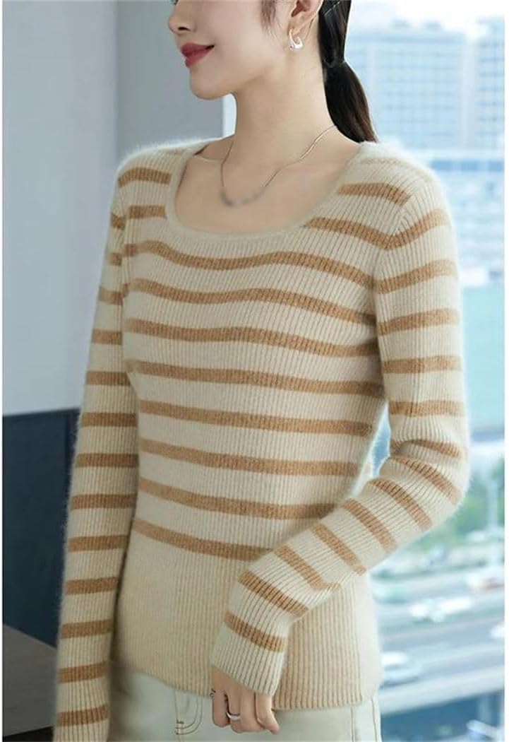 Women's 100% Wool Stripe Sweater Long Sleeve Crewneck Elastic Knitted Jumper Winter Soft Thermal Sweatshirt