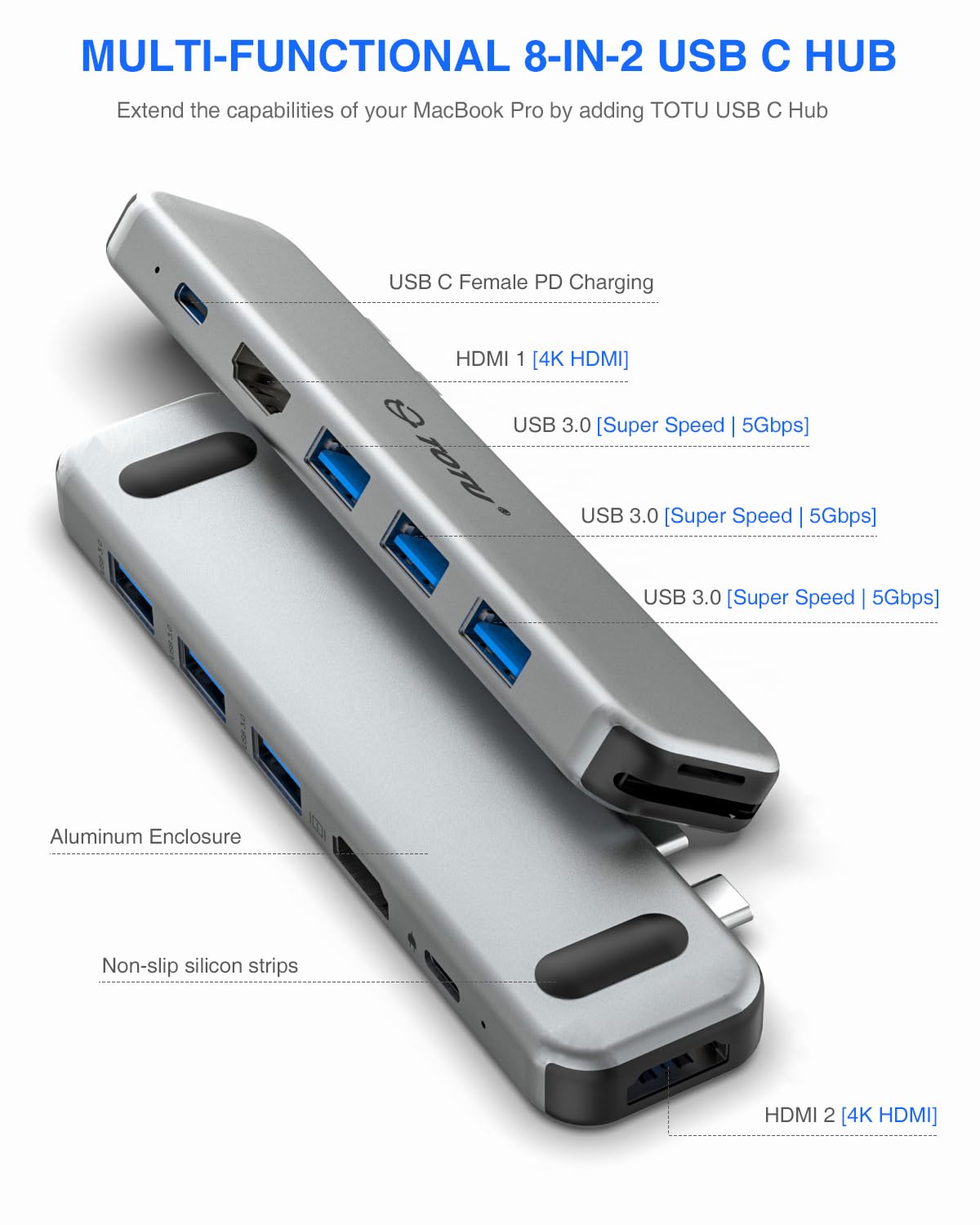 Adaptador multipuerto USB C Hub para MacBook, estación de acoplamiento 8 en 2 para MacBook con HDMI dual, entrega de energía de 92 W, 3 puertos USB 3.0, lector de tarjetas SD y TF para MacBook Pro