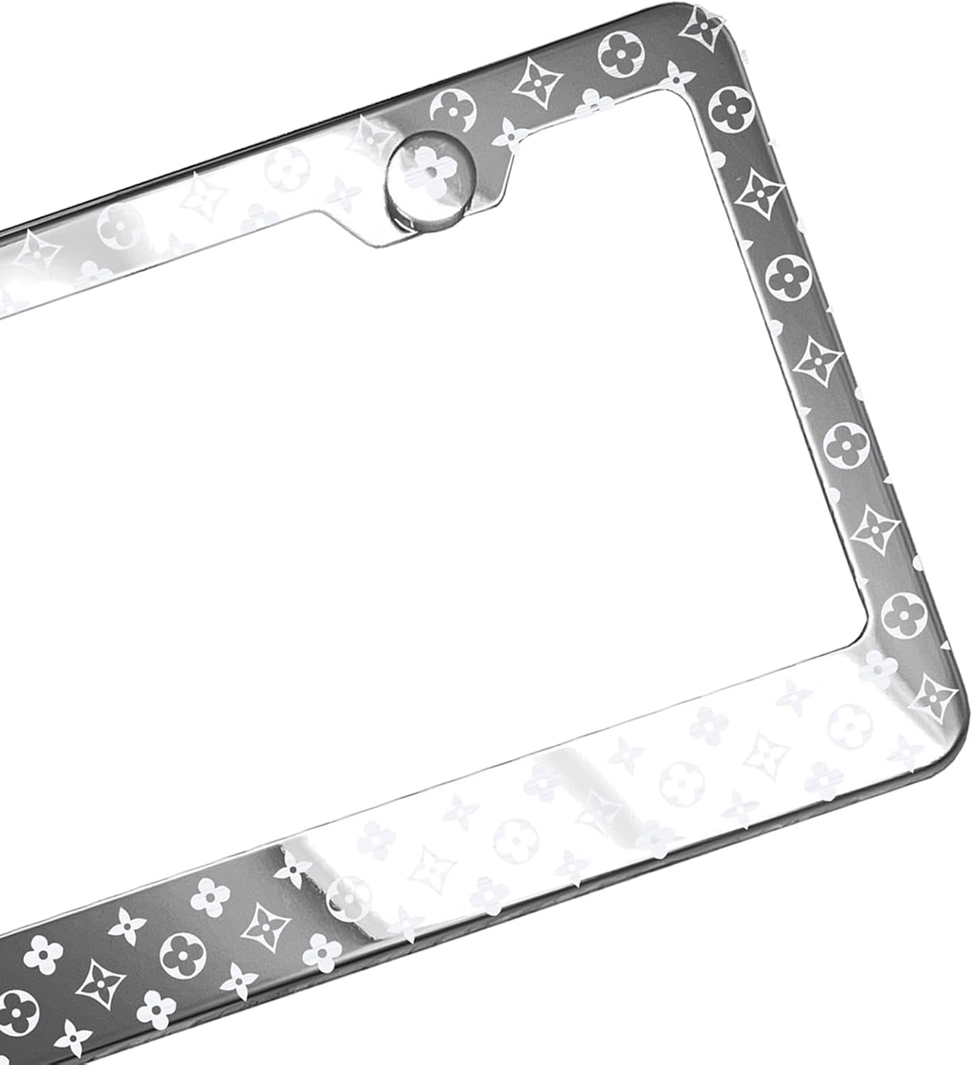Polish Mirror Laser Etched Luxury Designer Monogram four-point star inside a diamond four-petal flower T304 Stainless Steel License Plate Frame Holder with Metal Screw Caps Cover (Qty: 1 Frame)