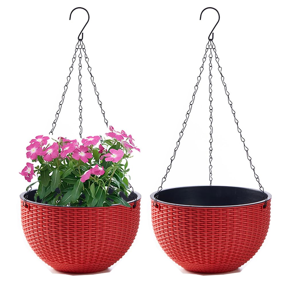 WOWEI 2 Piezas Macetas Colgantes para Plantas con Almacenamiento de Agua y Orificio de Drenaje Macetas de Autorriego Cesta Colgante Flores Suculentas Con Cadenas Inoxidables (Rojo, S)