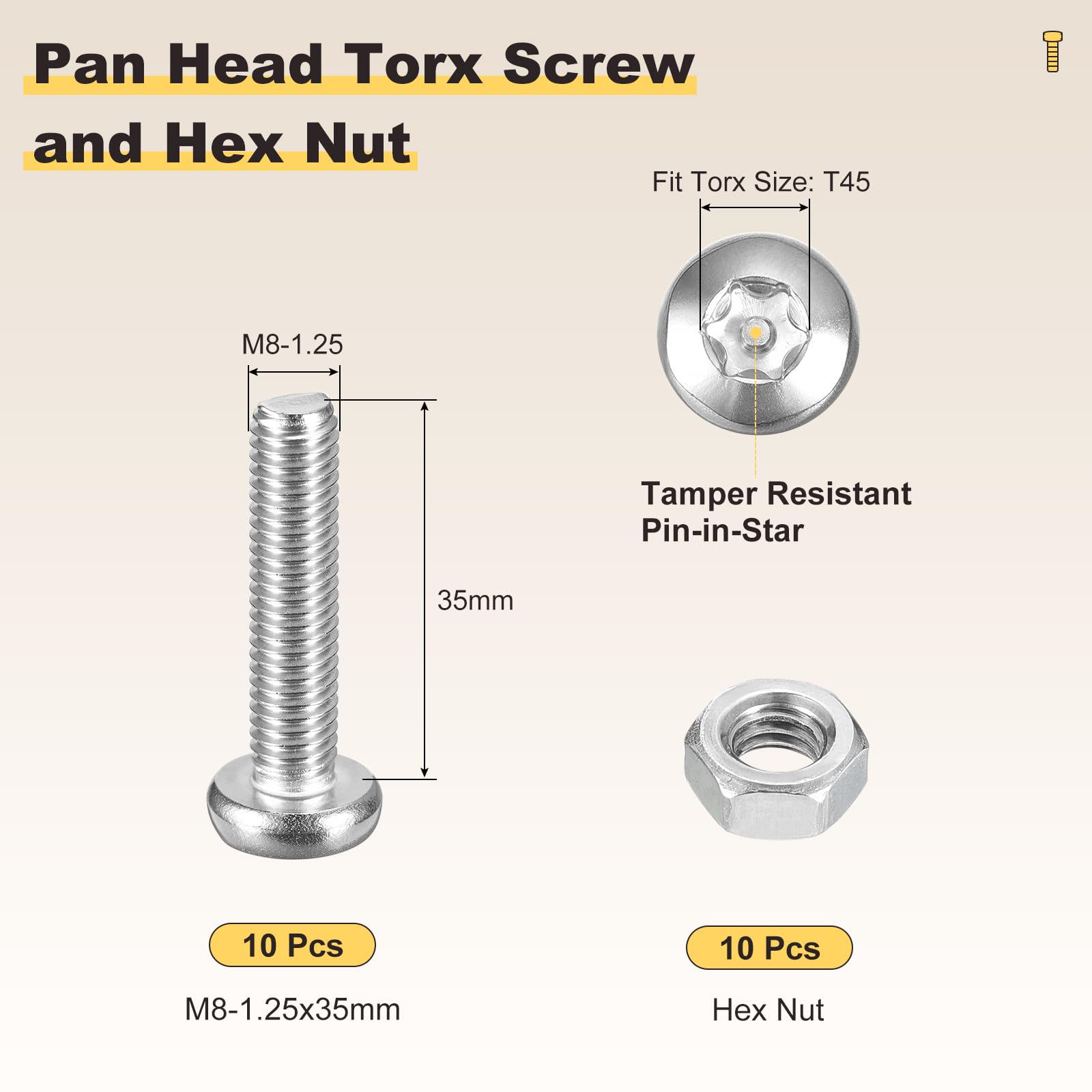 METALLIXITY Pan Head Torx Security Screws Bolts (M8-1.25x35mm) 20pcs - Image 2