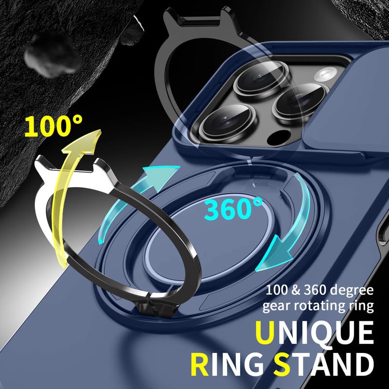 Image of LuxuryKase Shockproof Rugged Case for iPhone 16 Pro | Slide Camera Cover | 360 Rotating Ring Kickstand | Military-Grade Protection - Navy Blue