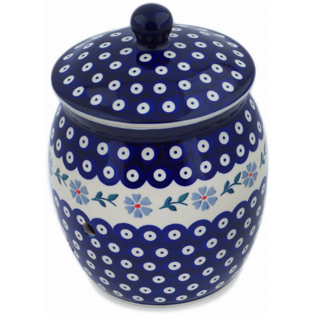Authentic Polish Pottery Garlic and Onion Jar in Peacock Forget-Me-Not Design Handmade in Boles?awiec Poland + Certificate of Authenticity