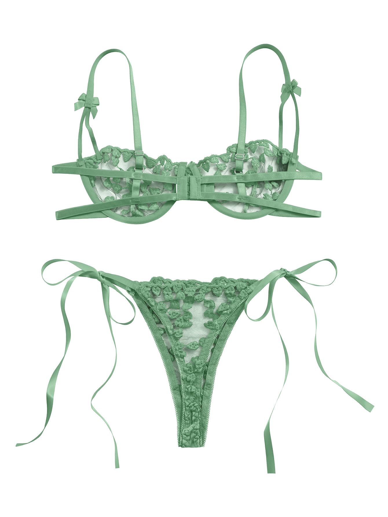 Lilosy Sexy Tie Side Cute Underwire Push Up Strappy Embroidered Mesh Sheer Lingerie Set