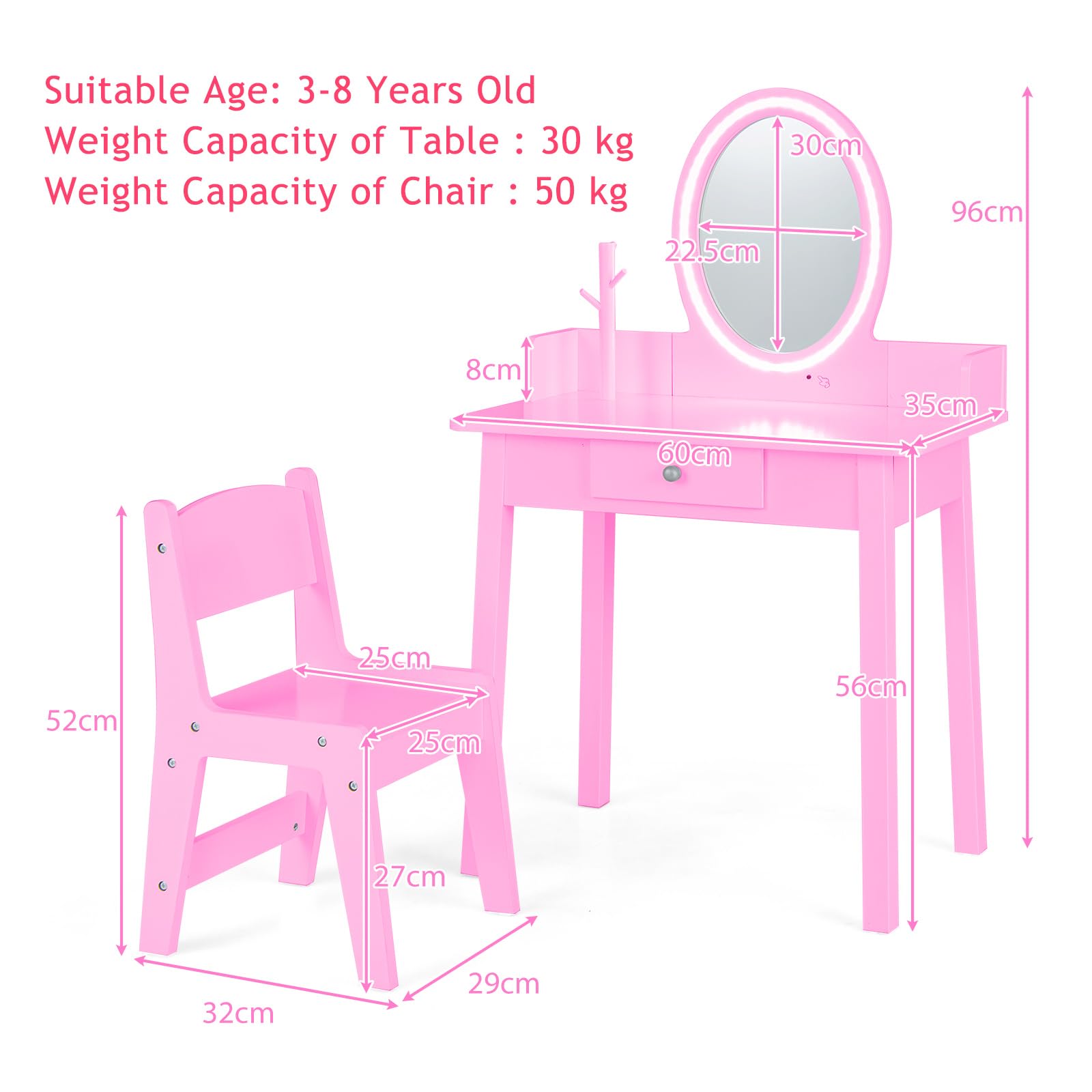 LIFEZEAL Juego de Tocador Infantil con Luz Led, Tocador para Niña con Espejo Extraíble, Conjunto de Escritorio con Silla para Niños de 3-8 años (Rosa)