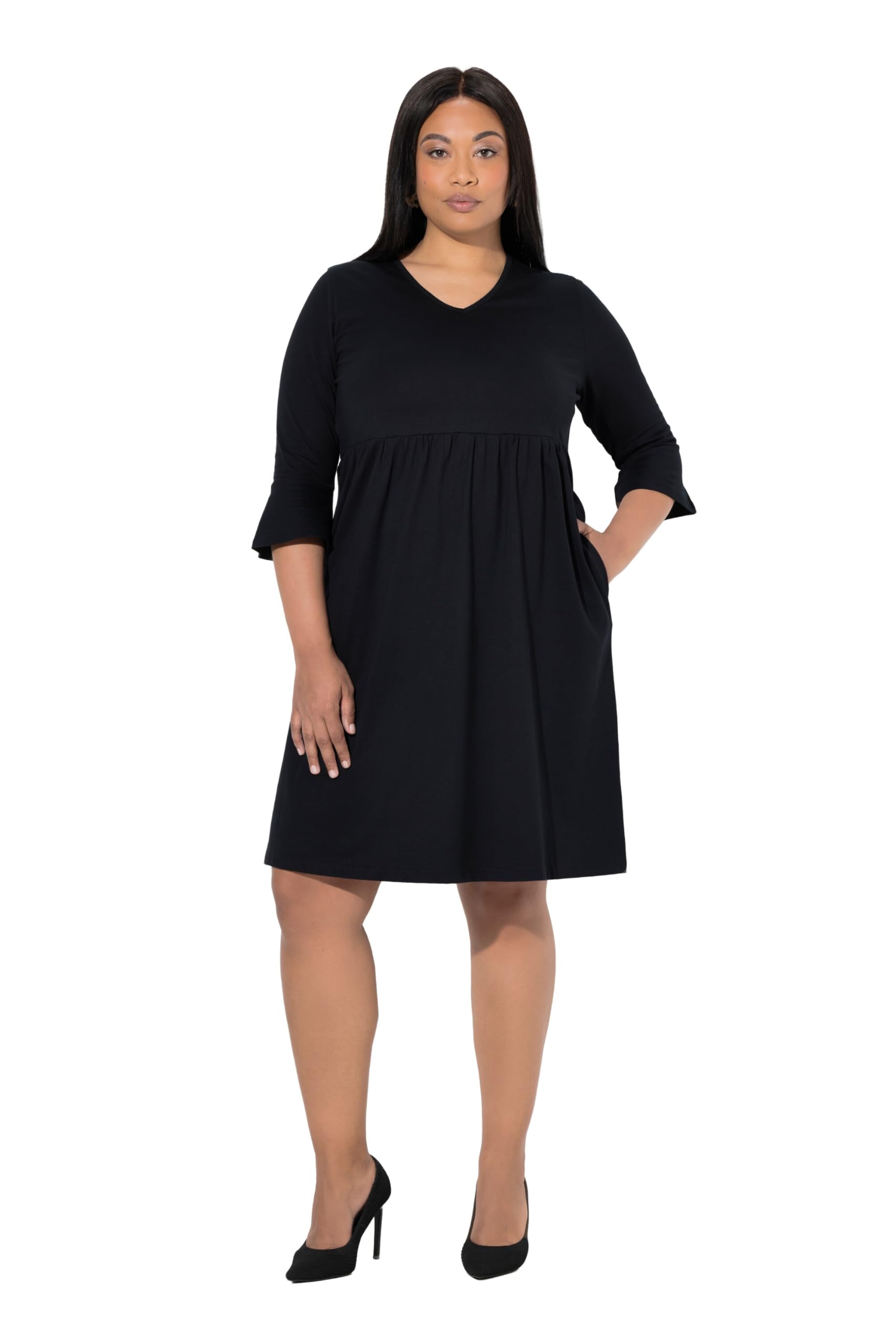 Ulla Popken Damen große Größen Übergrößen Plus Size Jerseykleid, A-Linie- V-Ausschnitt, 3/4-Volantarm 847003