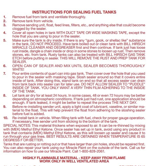 Bill Hirsch Fuel Tank Repair Kit
