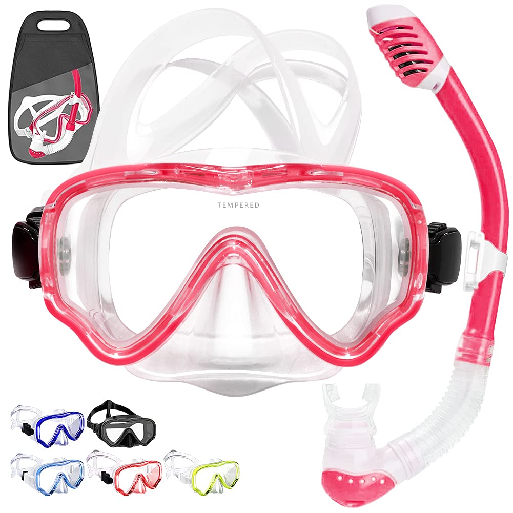 YFung Dry Snorkel Set, 180° Wide View Diving Goggle, Anti-Fog Anti-Leak Tempered Glass Children Safety Scuba Diving Mask, Easy Breathing Face Snorkel Mask Snorkelling Gear for Kids junior (red)