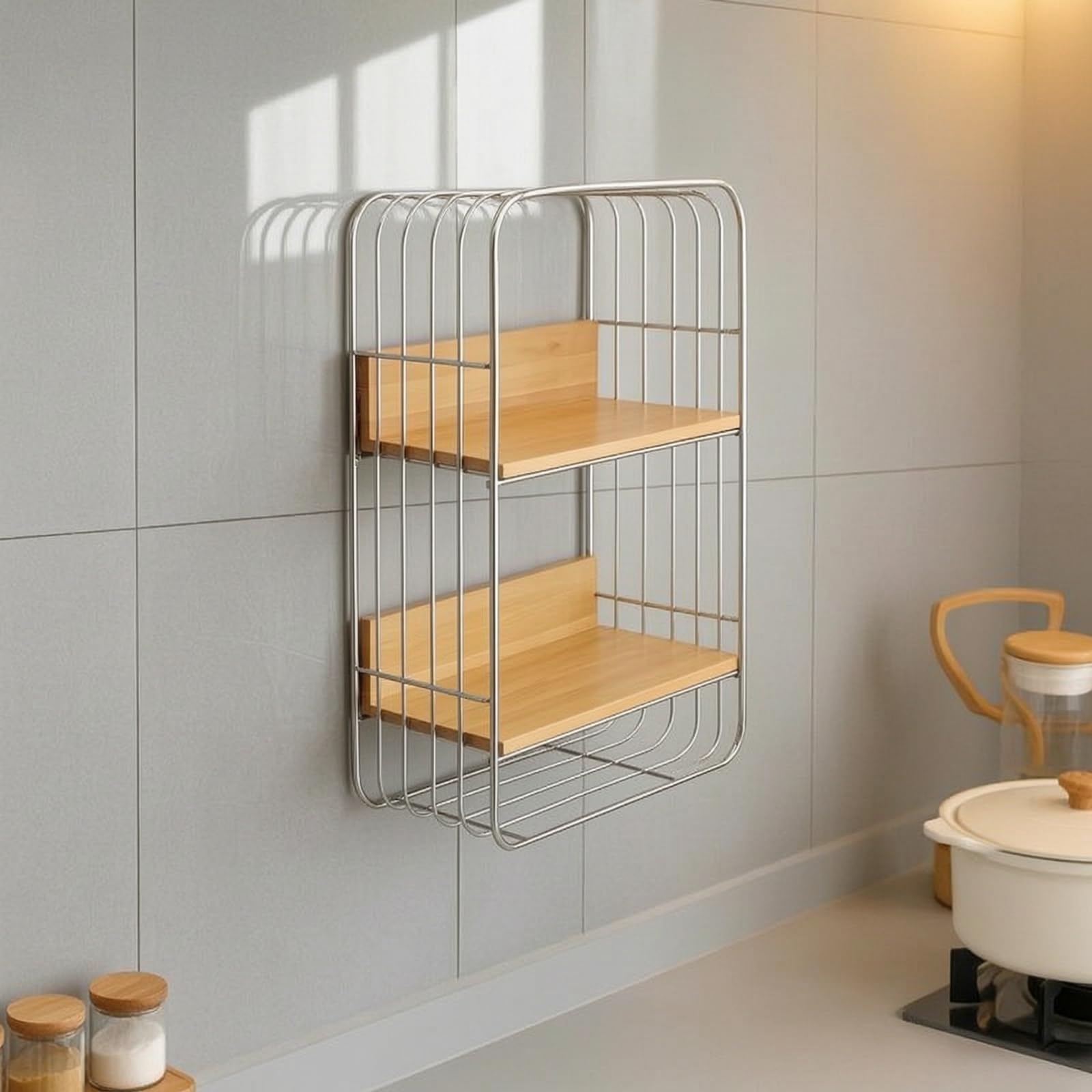 Estante de Pared Repisa Organizador Estante Flotante de Pared con Bastidor de Acero Inoxidable y Tablas de Madera de Doble Nivel Adecuado para Cocina Baño Oficina en Casa Sala de Estar