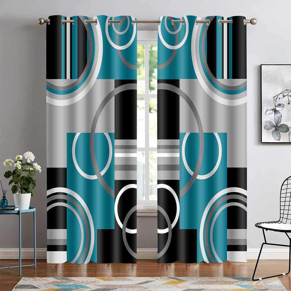 EOTDMS Teal Gray Geometric Blackout Curtains for Bedroom, White Gray Modern Abstract Plaid Circle Room Darkening Curtain Thermal Insulated Window
